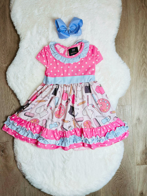 Bowtism Girls School Art Class Ruffled Dress with Matching Bow - Bowtism